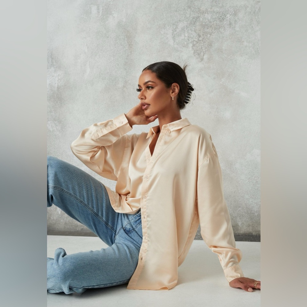 MISSGUIDED petite nude oversized satin shirt